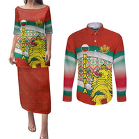 Bulgaria Lion Couples Matching Puletasi and Long Sleeve Button Shirt Tricolor Flag, Folk Pattern and Proud Motto