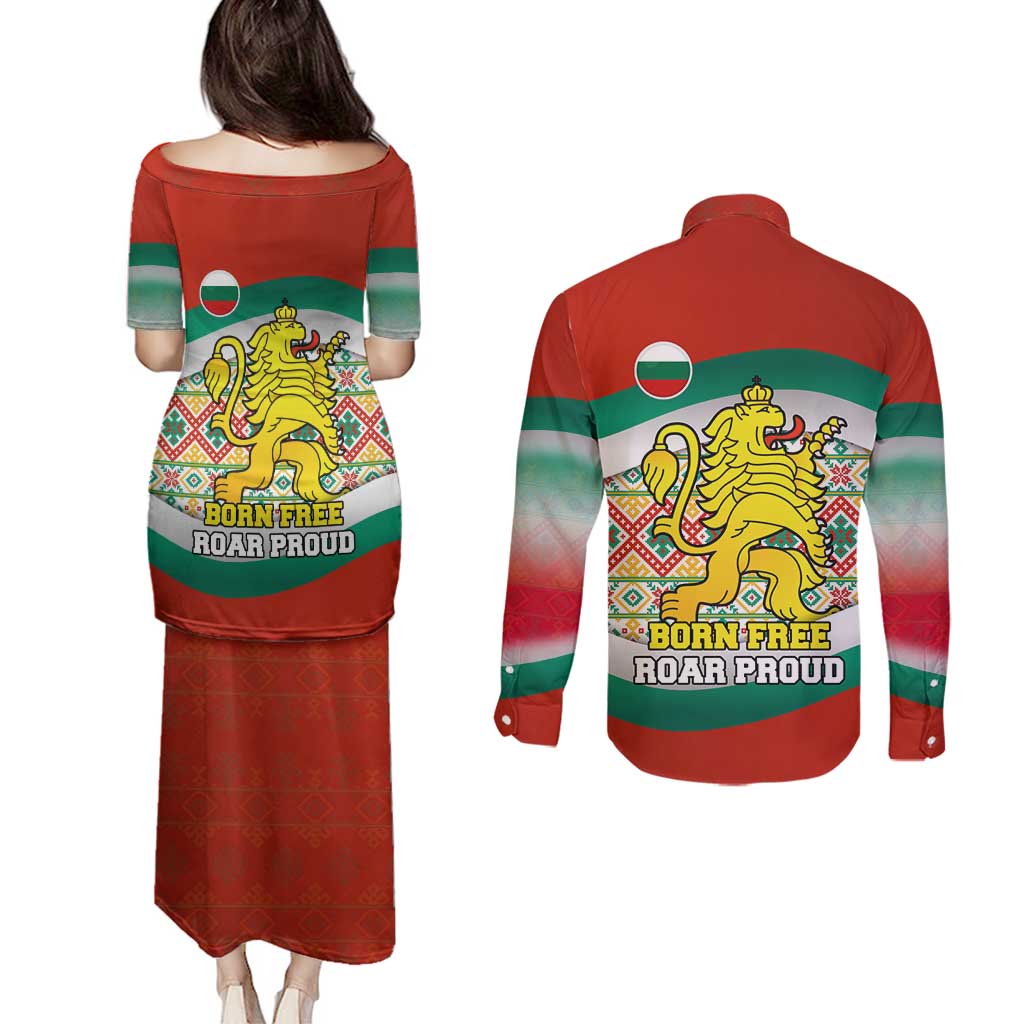 Bulgaria Lion Couples Matching Puletasi and Long Sleeve Button Shirt Tricolor Flag, Folk Pattern and Proud Motto