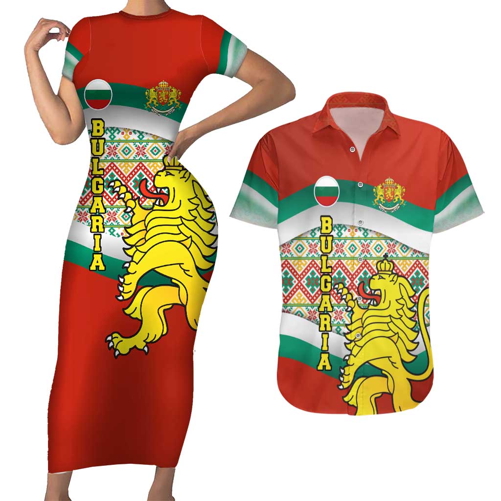 Bulgaria Lion Couples Matching Short Sleeve Bodycon Dress and Hawaiian Shirt Tricolor Flag, Folk Pattern and Proud Motto