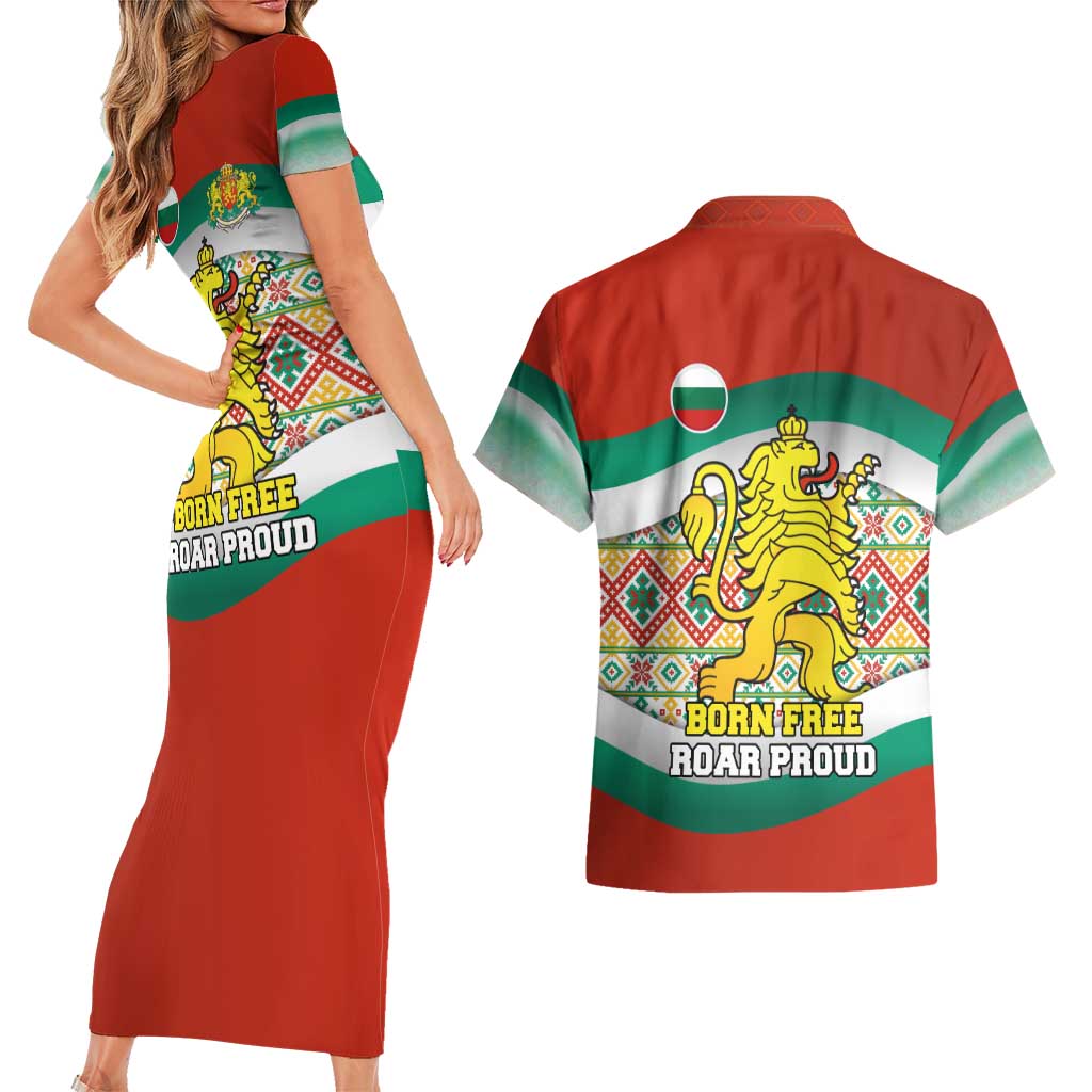 Bulgaria Lion Couples Matching Short Sleeve Bodycon Dress and Hawaiian Shirt Tricolor Flag, Folk Pattern and Proud Motto