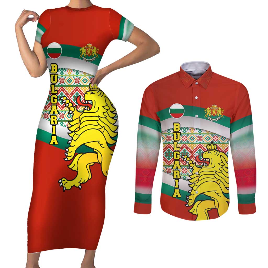 Bulgaria Lion Couples Matching Short Sleeve Bodycon Dress and Long Sleeve Button Shirt Tricolor Flag, Folk Pattern and Proud Motto