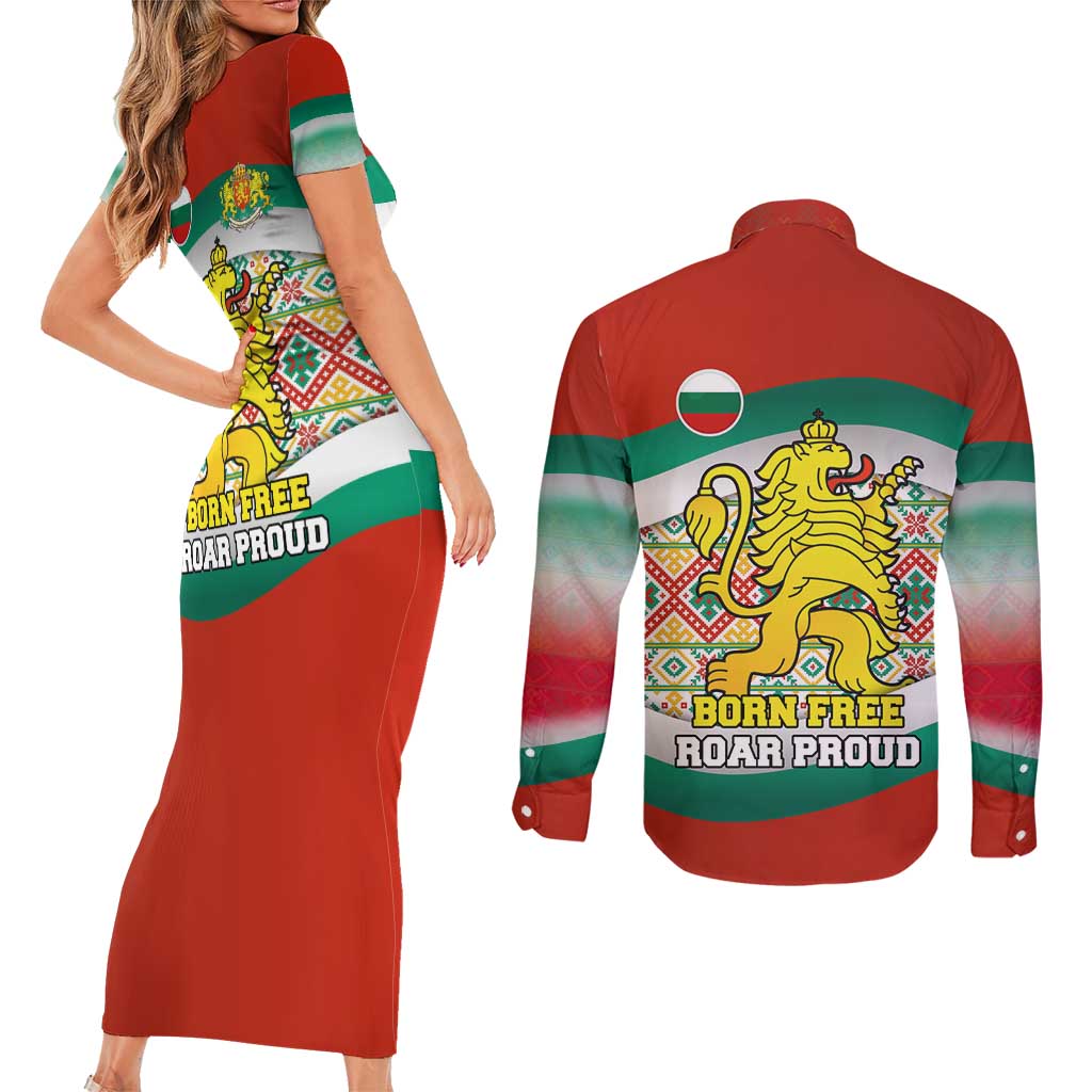 Bulgaria Lion Couples Matching Short Sleeve Bodycon Dress and Long Sleeve Button Shirt Tricolor Flag, Folk Pattern and Proud Motto