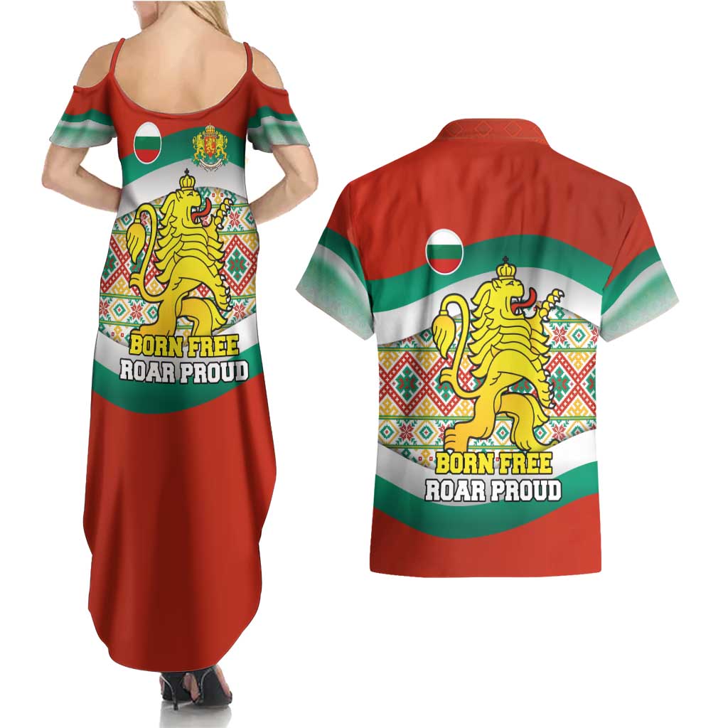 Bulgaria Lion Couples Matching Summer Maxi Dress and Hawaiian Shirt Tricolor Flag, Folk Pattern and Proud Motto