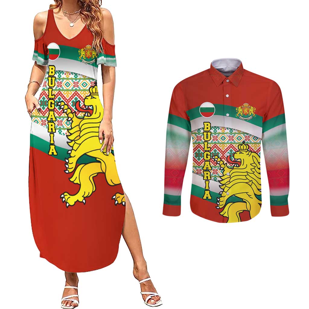 Bulgaria Lion Couples Matching Summer Maxi Dress and Long Sleeve Button Shirt Tricolor Flag, Folk Pattern and Proud Motto