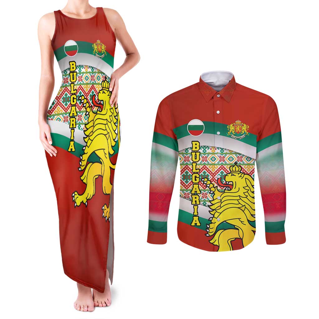 Bulgaria Lion Couples Matching Tank Maxi Dress and Long Sleeve Button Shirt Tricolor Flag, Folk Pattern and Proud Motto
