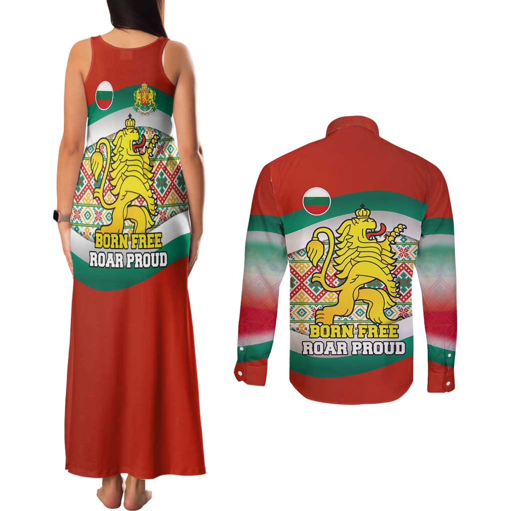 Bulgaria Lion Couples Matching Tank Maxi Dress and Long Sleeve Button Shirt Tricolor Flag, Folk Pattern and Proud Motto