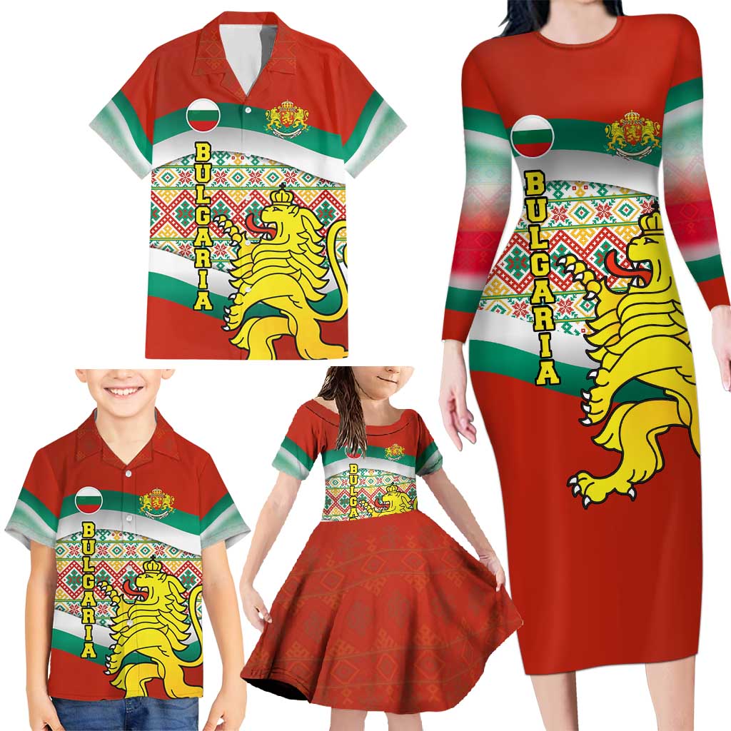 Bulgaria Lion Family Matching Long Sleeve Bodycon Dress and Hawaiian Shirt Tricolor Flag, Folk Pattern and Proud Motto