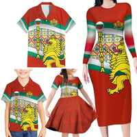 Bulgaria Lion Family Matching Long Sleeve Bodycon Dress and Hawaiian Shirt Tricolor Flag, Folk Pattern and Proud Motto