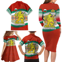 Bulgaria Lion Family Matching Long Sleeve Bodycon Dress and Hawaiian Shirt Tricolor Flag, Folk Pattern and Proud Motto