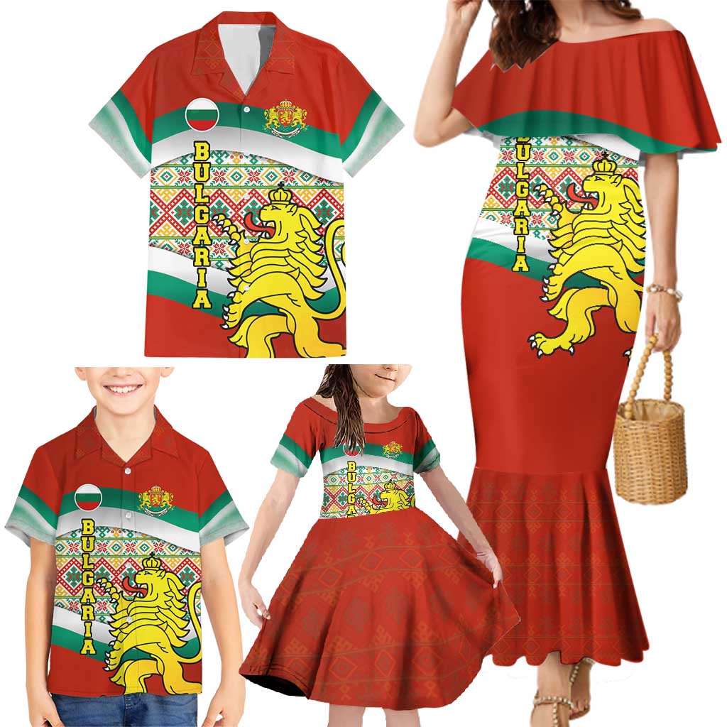 Bulgaria Lion Family Matching Mermaid Dress and Hawaiian Shirt Tricolor Flag, Folk Pattern and Proud Motto