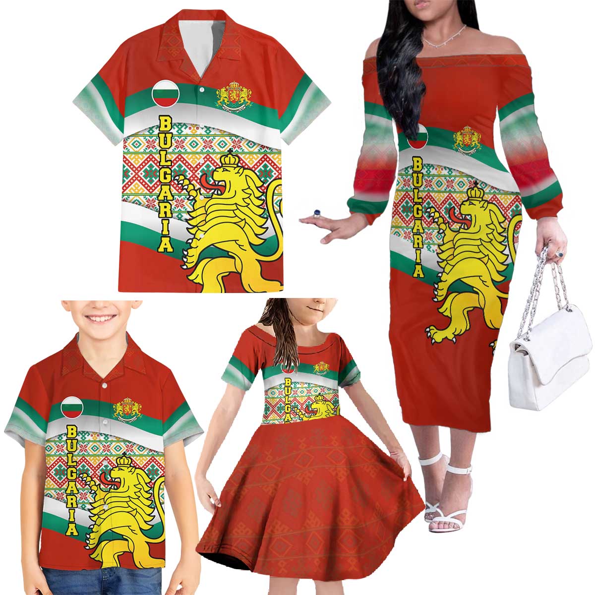 Bulgaria Lion Family Matching Off The Shoulder Long Sleeve Dress and Hawaiian Shirt Tricolor Flag, Folk Pattern and Proud Motto