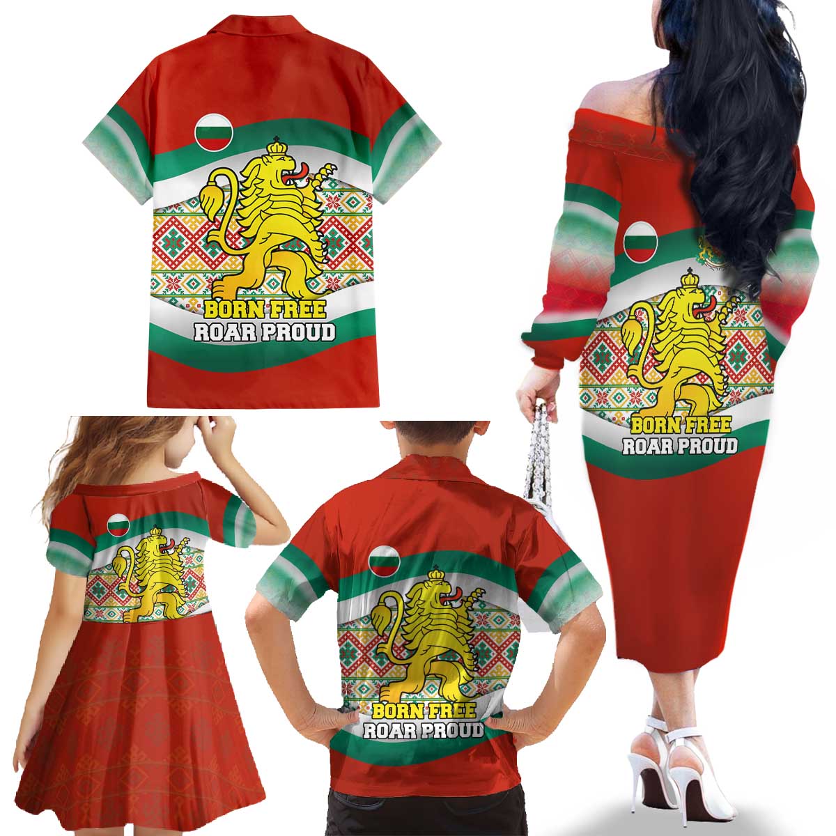 Bulgaria Lion Family Matching Off The Shoulder Long Sleeve Dress and Hawaiian Shirt Tricolor Flag, Folk Pattern and Proud Motto