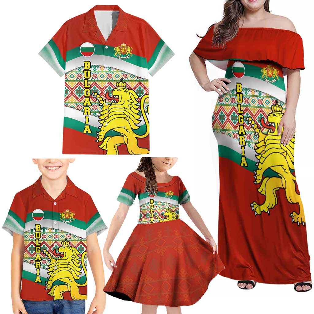 Bulgaria Lion Family Matching Off Shoulder Maxi Dress and Hawaiian Shirt Tricolor Flag, Folk Pattern and Proud Motto