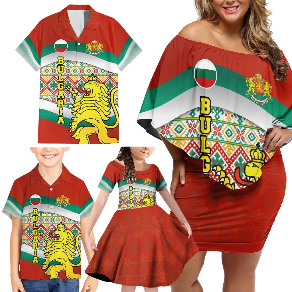 Bulgaria Lion Family Matching Off Shoulder Short Dress and Hawaiian Shirt Tricolor Flag, Folk Pattern and Proud Motto