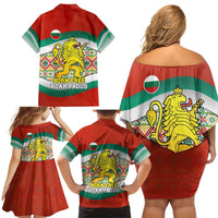 Bulgaria Lion Family Matching Off Shoulder Short Dress and Hawaiian Shirt Tricolor Flag, Folk Pattern and Proud Motto
