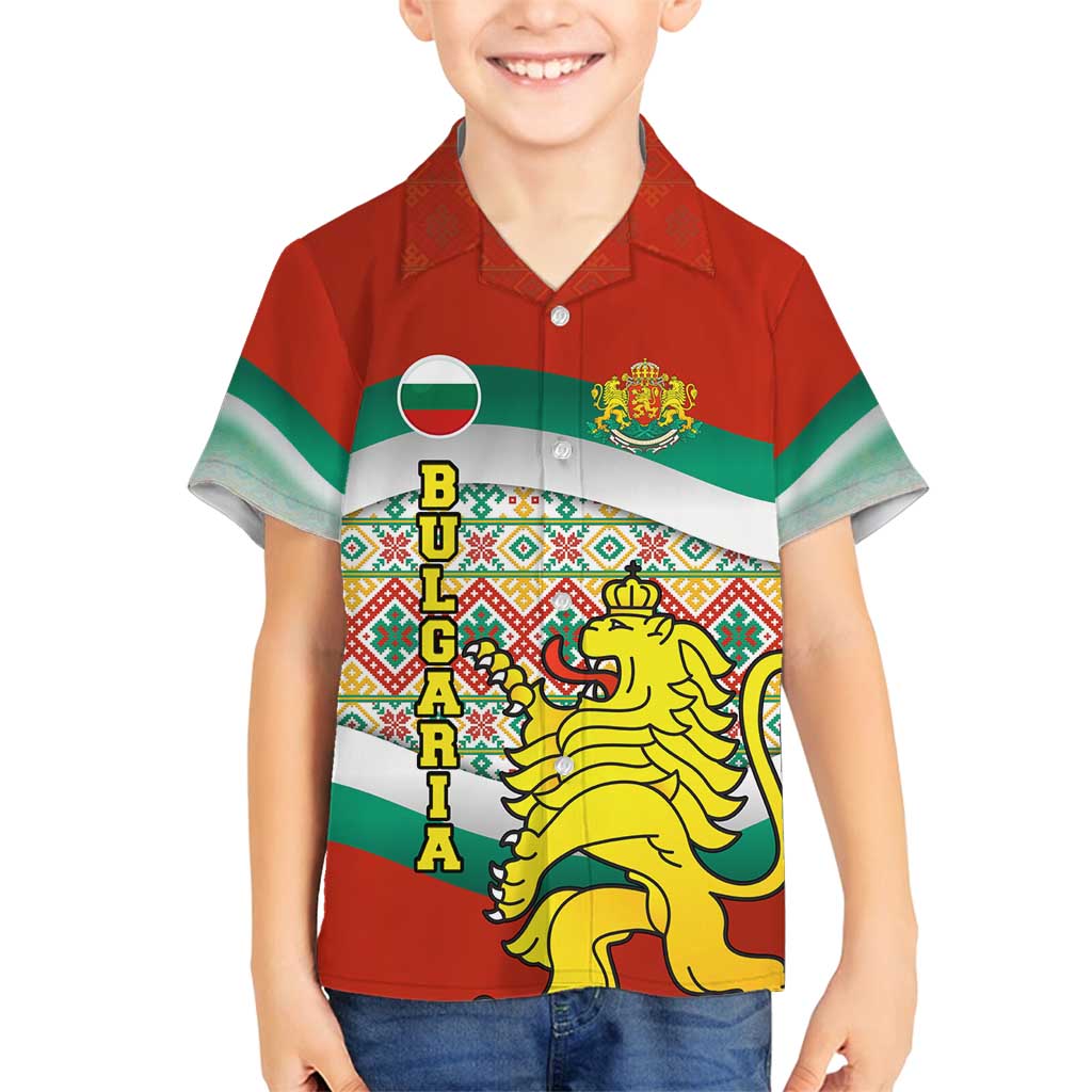 Bulgaria Lion Family Matching Off Shoulder Short Dress and Hawaiian Shirt Tricolor Flag, Folk Pattern and Proud Motto