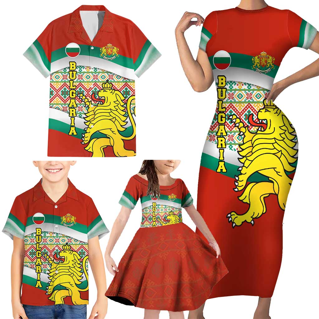 Bulgaria Lion Family Matching Short Sleeve Bodycon Dress and Hawaiian Shirt Tricolor Flag, Folk Pattern and Proud Motto