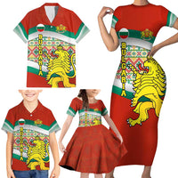 Bulgaria Lion Family Matching Short Sleeve Bodycon Dress and Hawaiian Shirt Tricolor Flag, Folk Pattern and Proud Motto