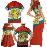 Bulgaria Lion Family Matching Short Sleeve Bodycon Dress and Hawaiian Shirt Tricolor Flag, Folk Pattern and Proud Motto