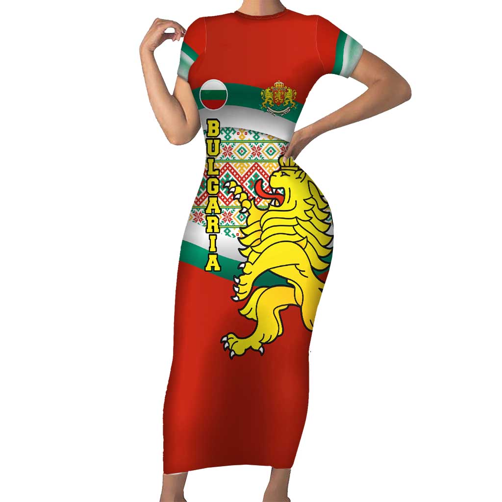 Bulgaria Lion Family Matching Short Sleeve Bodycon Dress and Hawaiian Shirt Tricolor Flag, Folk Pattern and Proud Motto