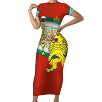 Bulgaria Lion Family Matching Short Sleeve Bodycon Dress and Hawaiian Shirt Tricolor Flag, Folk Pattern and Proud Motto