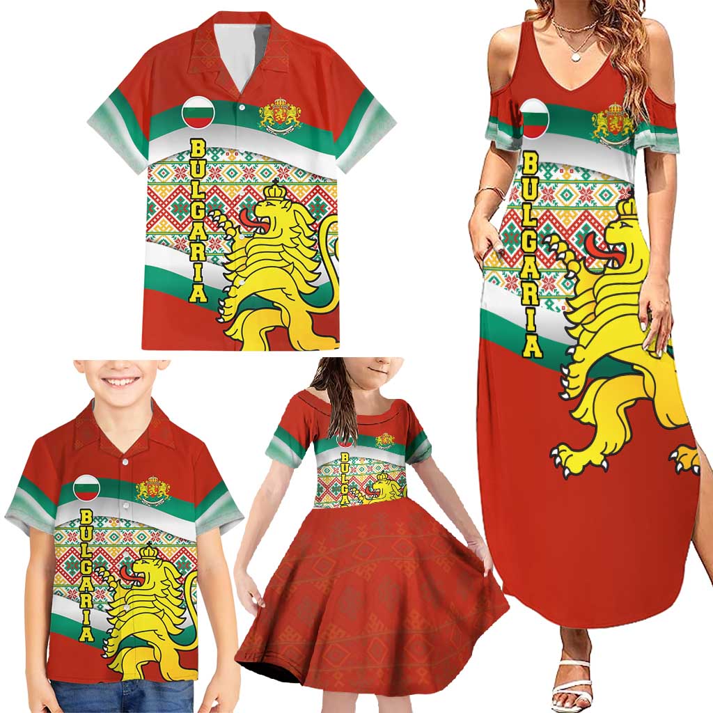 Bulgaria Lion Family Matching Summer Maxi Dress and Hawaiian Shirt Tricolor Flag, Folk Pattern and Proud Motto