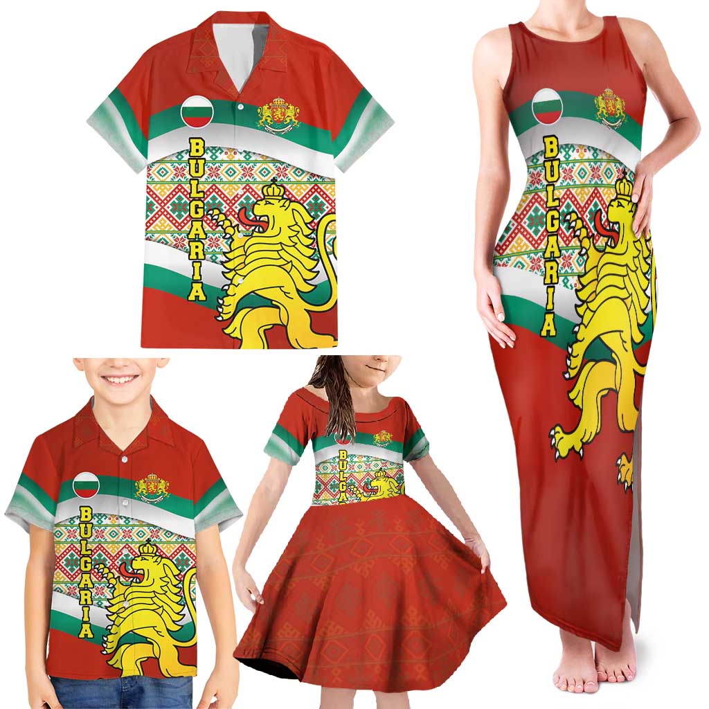 Bulgaria Lion Family Matching Tank Maxi Dress and Hawaiian Shirt Tricolor Flag, Folk Pattern and Proud Motto