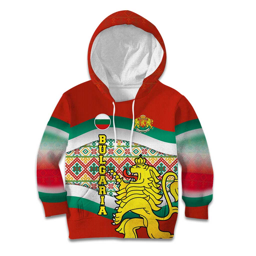 Bulgaria Lion Kid Hoodie Tricolor Flag, Folk Pattern and Proud Motto