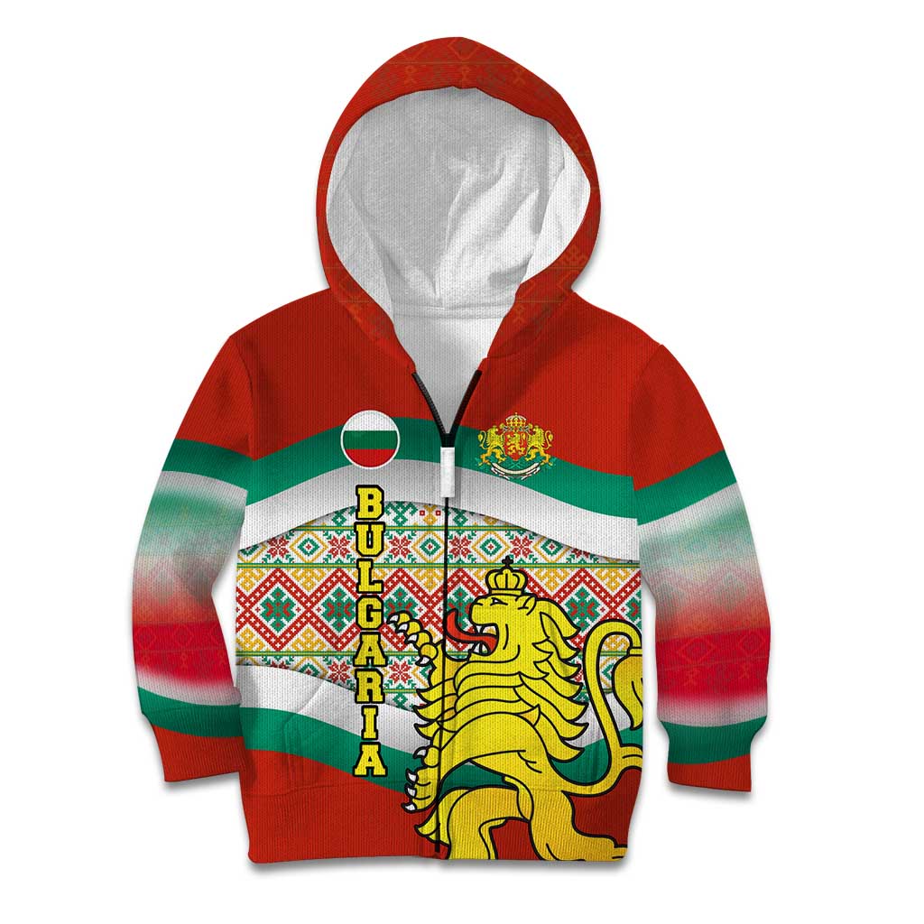 Bulgaria Lion Kid Hoodie Tricolor Flag, Folk Pattern and Proud Motto