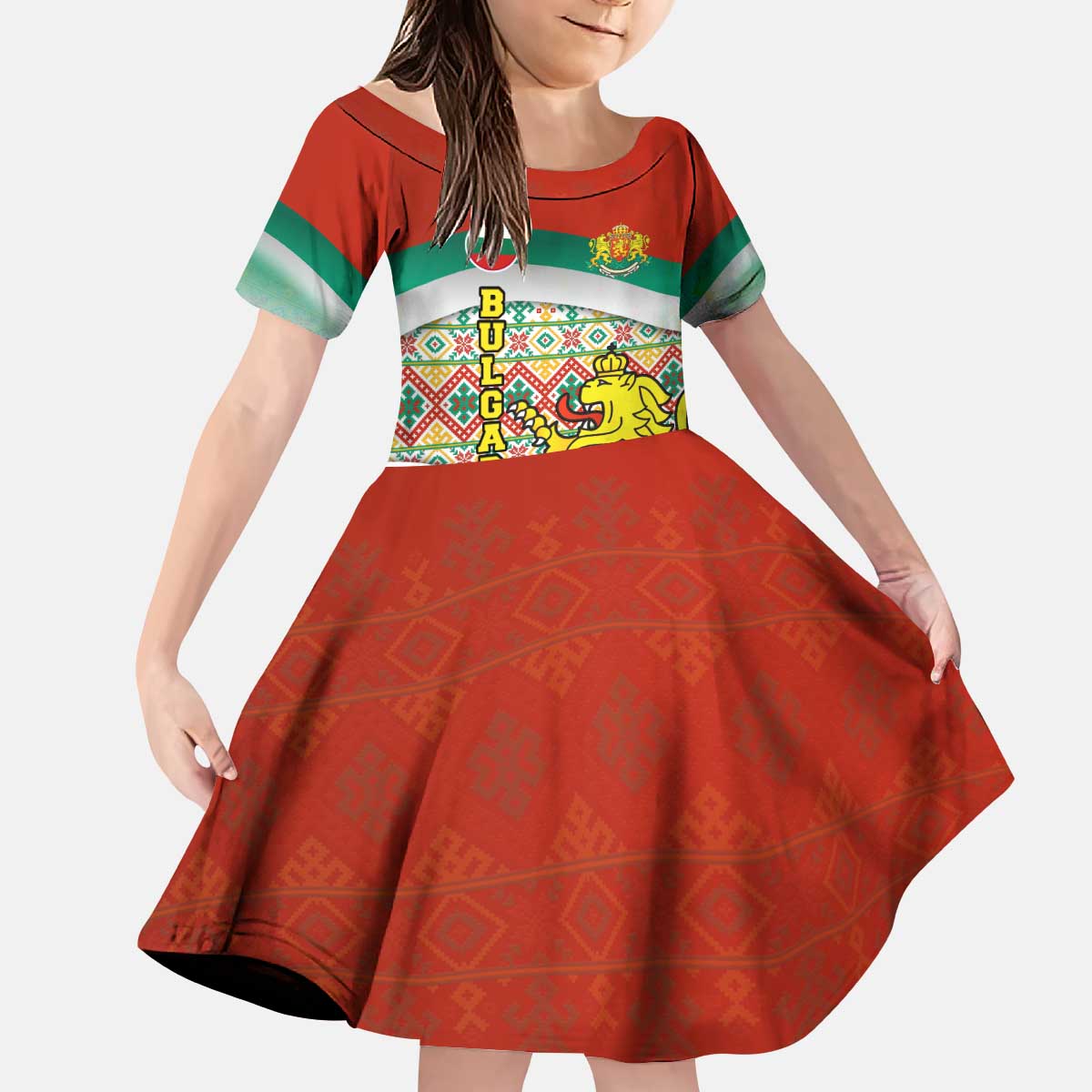Bulgaria Lion Kid Short Sleeve Dress Tricolor Flag, Folk Pattern and Proud Motto