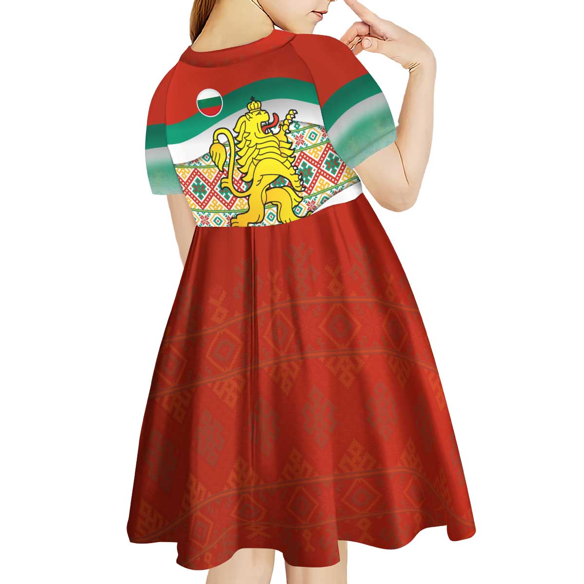 Bulgaria Lion Kid Short Sleeve Dress Tricolor Flag, Folk Pattern and Proud Motto