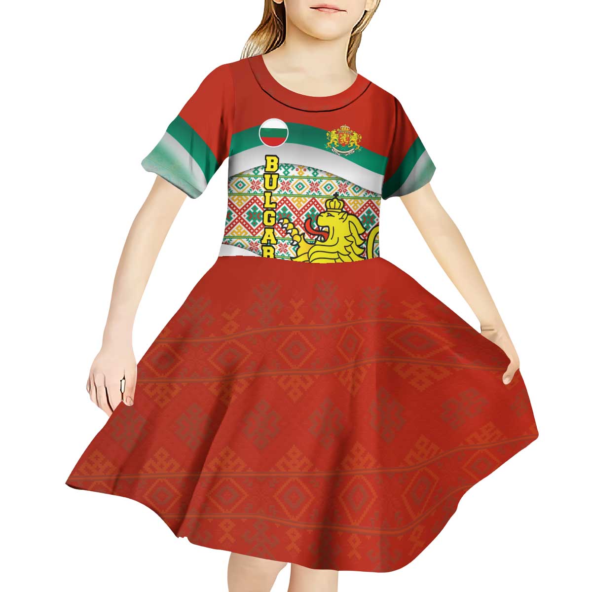 Bulgaria Lion Kid Short Sleeve Dress Tricolor Flag, Folk Pattern and Proud Motto