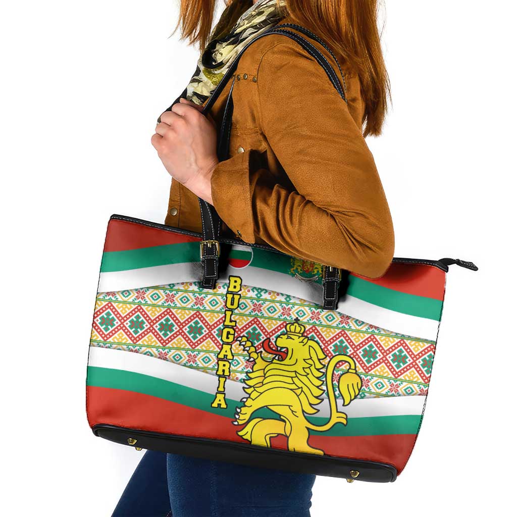 Bulgaria Lion Leather Tote Bag Tricolor Flag, Folk Pattern and Proud Motto