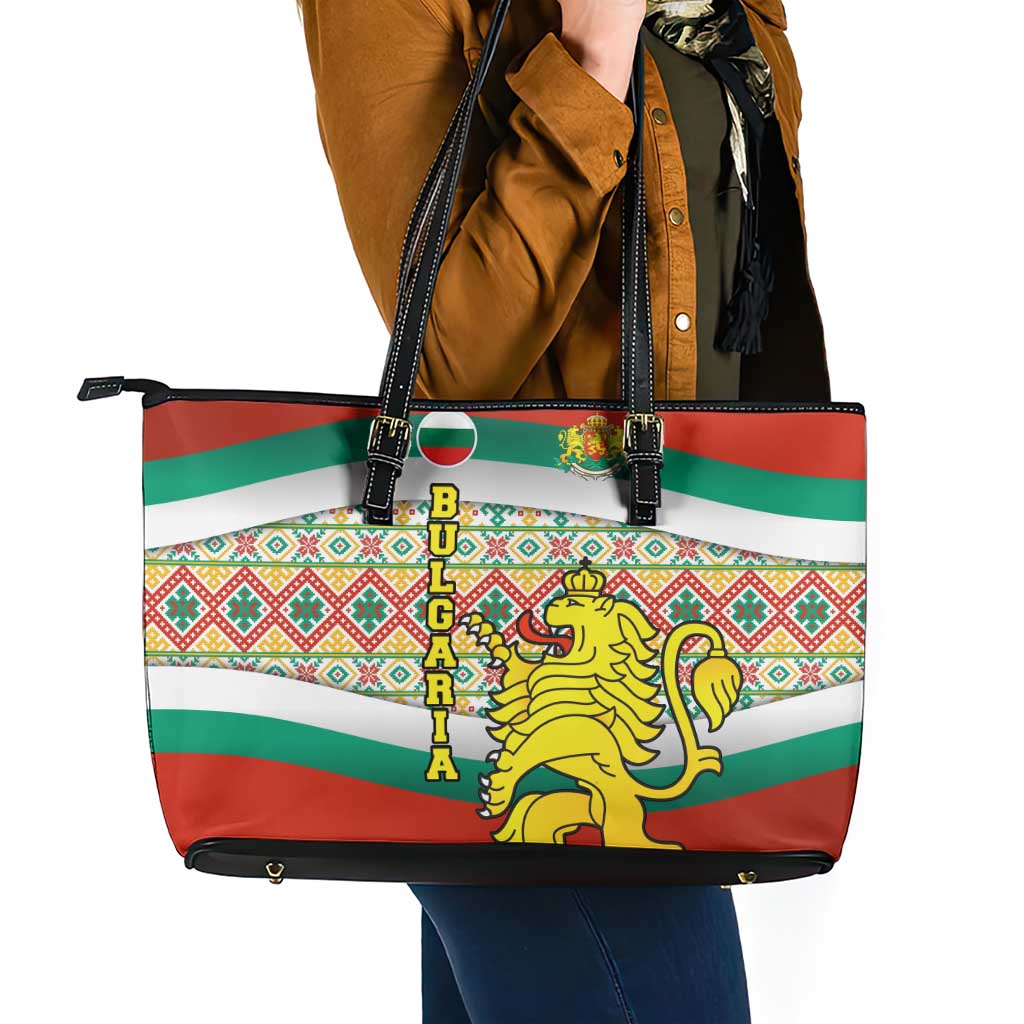 Bulgaria Lion Leather Tote Bag Tricolor Flag, Folk Pattern and Proud Motto