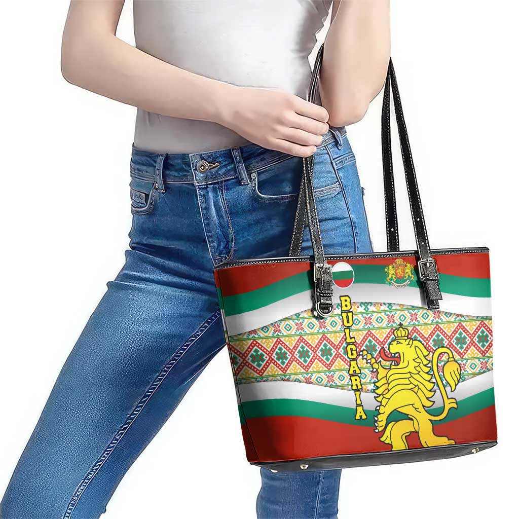 Bulgaria Lion Leather Tote Bag Tricolor Flag, Folk Pattern and Proud Motto