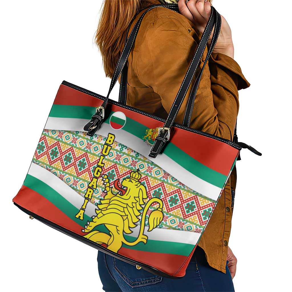 Bulgaria Lion Leather Tote Bag Tricolor Flag, Folk Pattern and Proud Motto