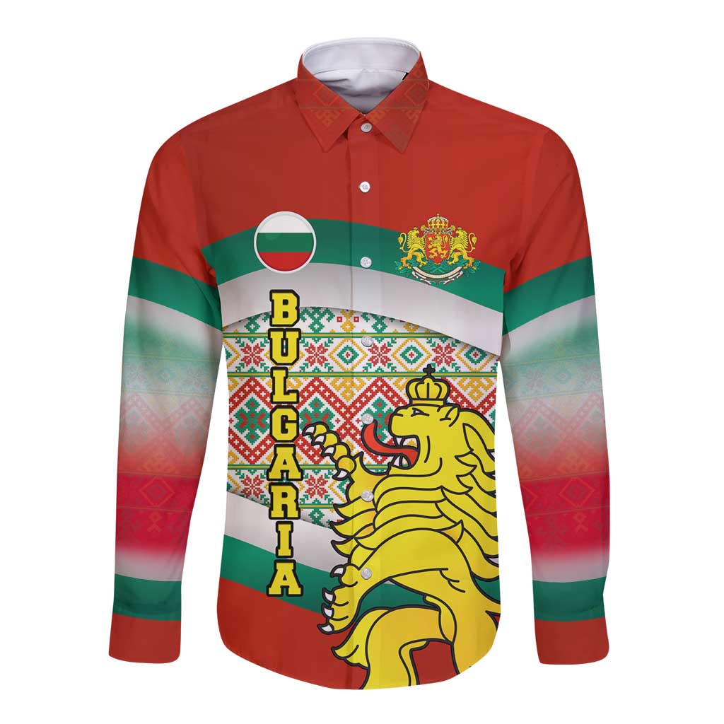 Bulgaria Lion Long Sleeve Button Shirt Tricolor Flag, Folk Pattern and Proud Motto