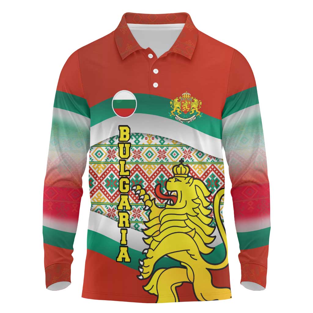 Bulgaria Lion Long Sleeve Polo Shirt Tricolor Flag, Folk Pattern and Proud Motto