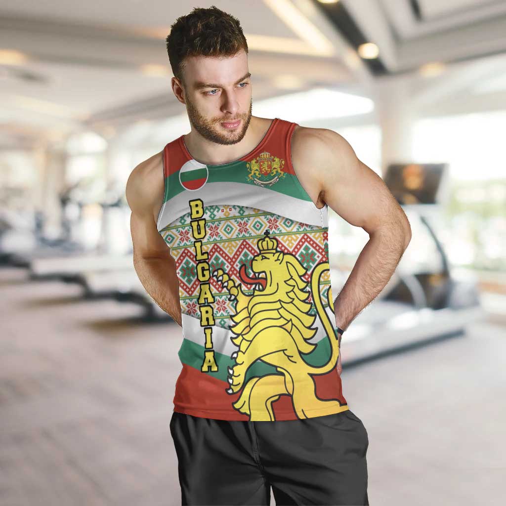 Bulgaria Lion Men Tank Top Tricolor Flag, Folk Pattern and Proud Motto
