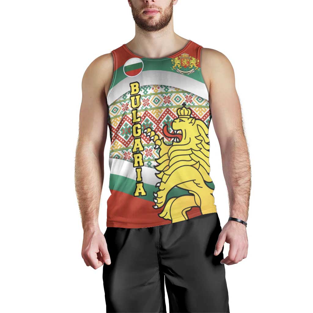 Bulgaria Lion Men Tank Top Tricolor Flag, Folk Pattern and Proud Motto