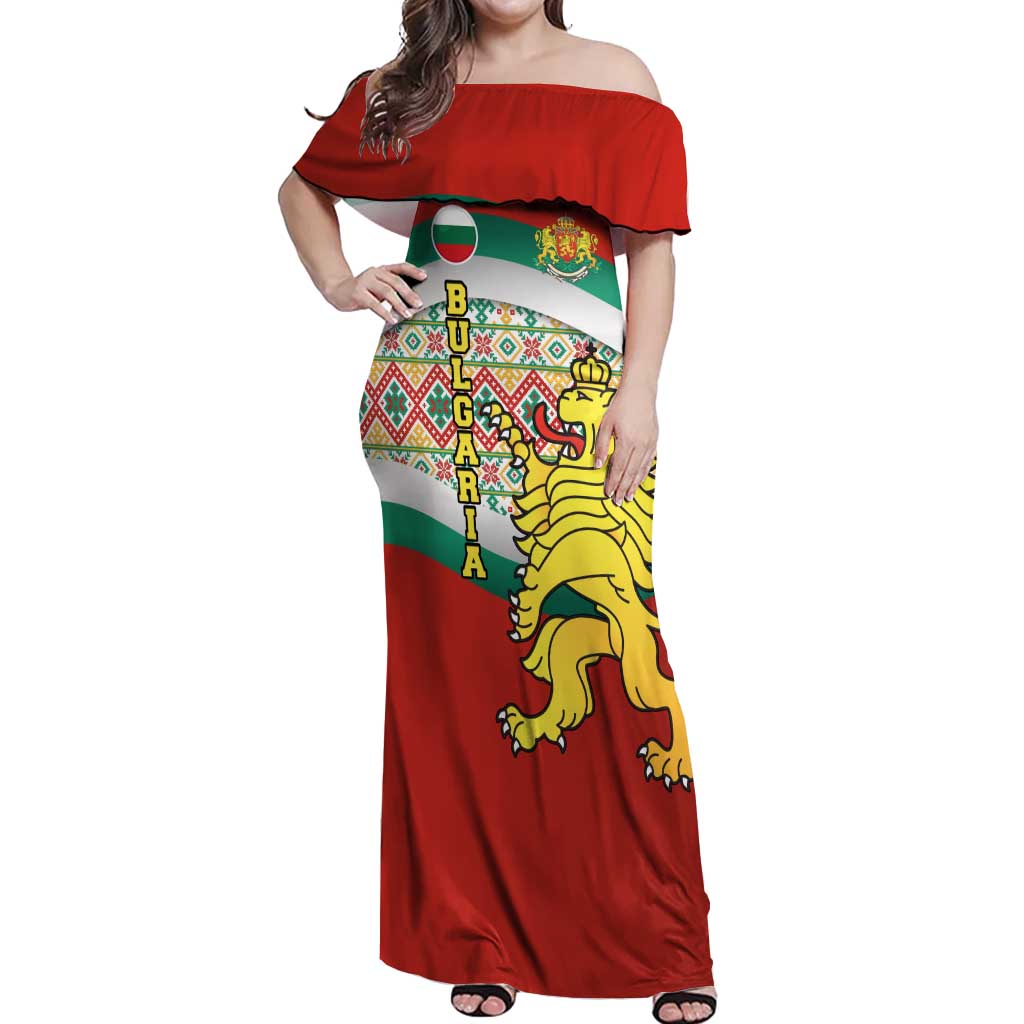 Bulgaria Lion Off Shoulder Maxi Dress Tricolor Flag, Folk Pattern and Proud Motto