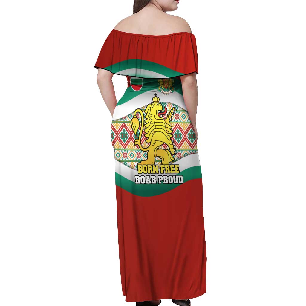 Bulgaria Lion Off Shoulder Maxi Dress Tricolor Flag, Folk Pattern and Proud Motto
