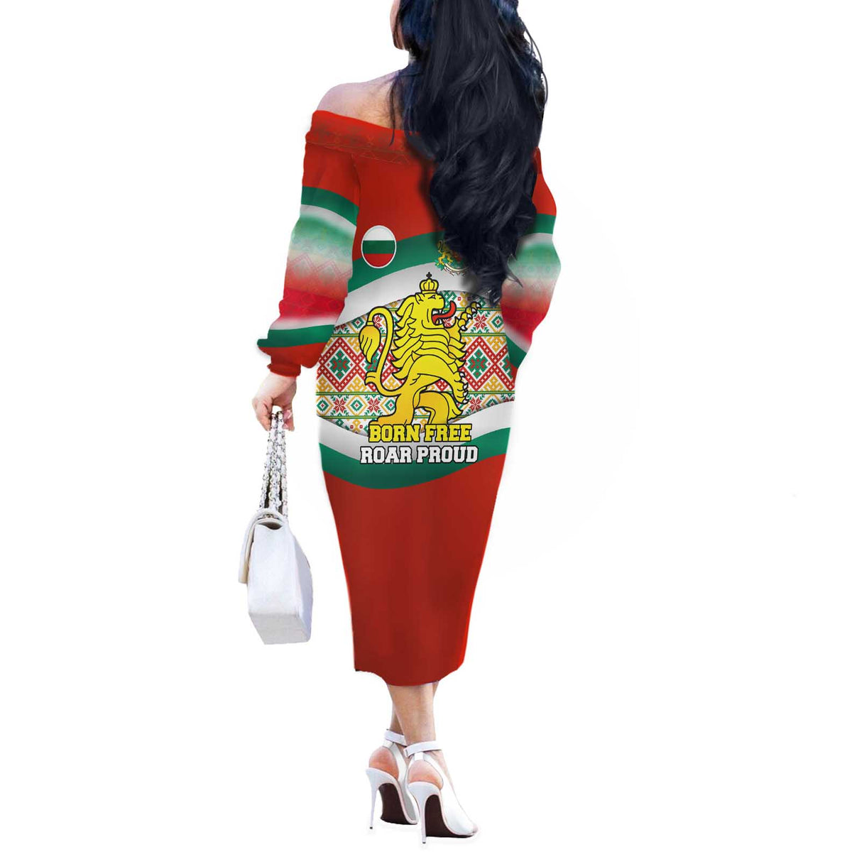 Bulgaria Lion Off The Shoulder Long Sleeve Dress Tricolor Flag, Folk Pattern and Proud Motto
