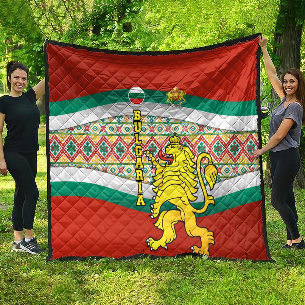 Bulgaria Lion Quilt Tricolor Flag, Folk Pattern and Proud Motto