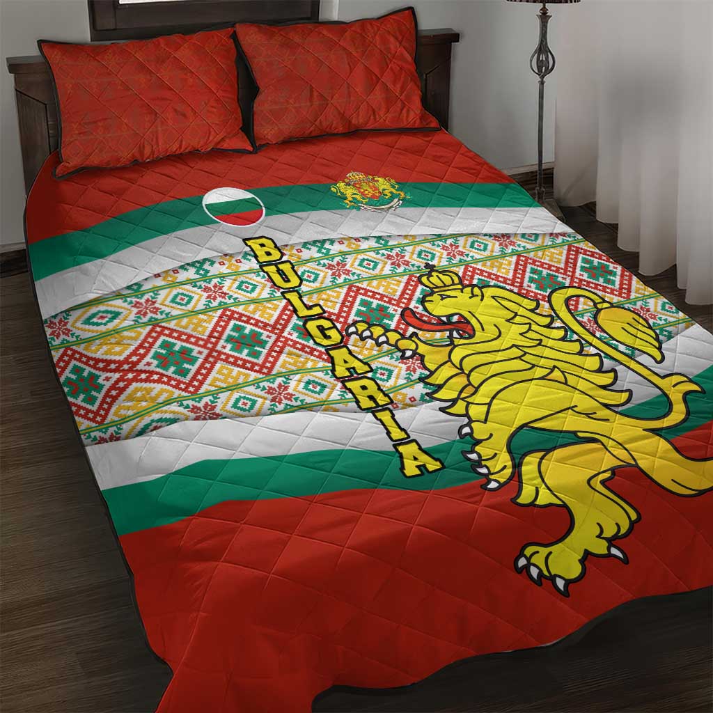 Bulgaria Lion Quilt Bed Set Tricolor Flag, Folk Pattern and Proud Motto