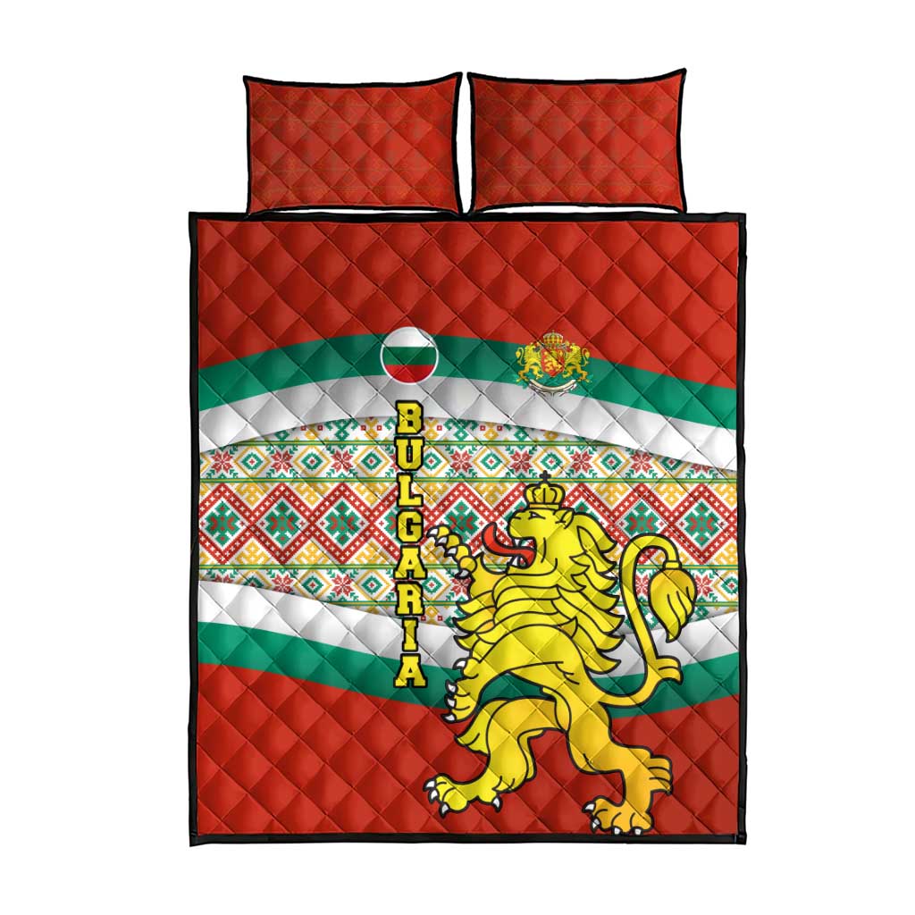 Bulgaria Lion Quilt Bed Set Tricolor Flag, Folk Pattern and Proud Motto