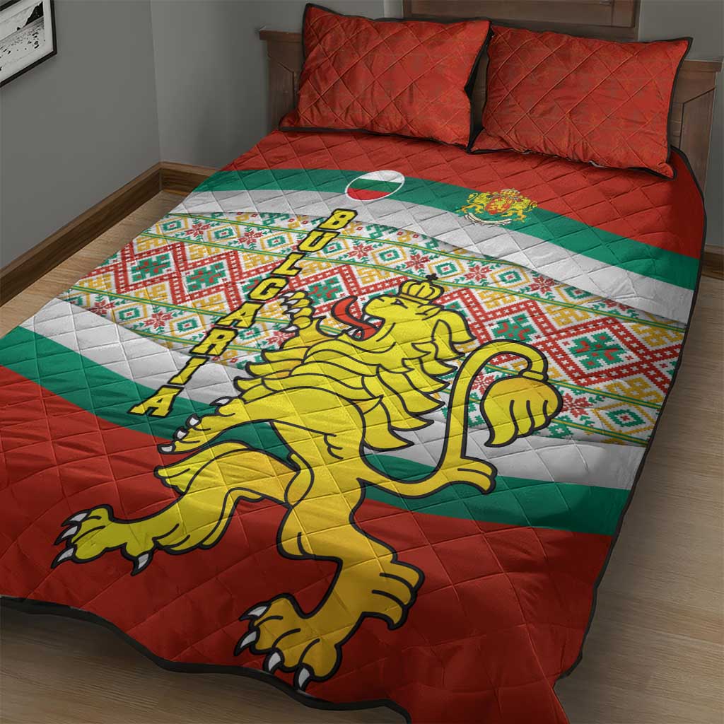 Bulgaria Lion Quilt Bed Set Tricolor Flag, Folk Pattern and Proud Motto