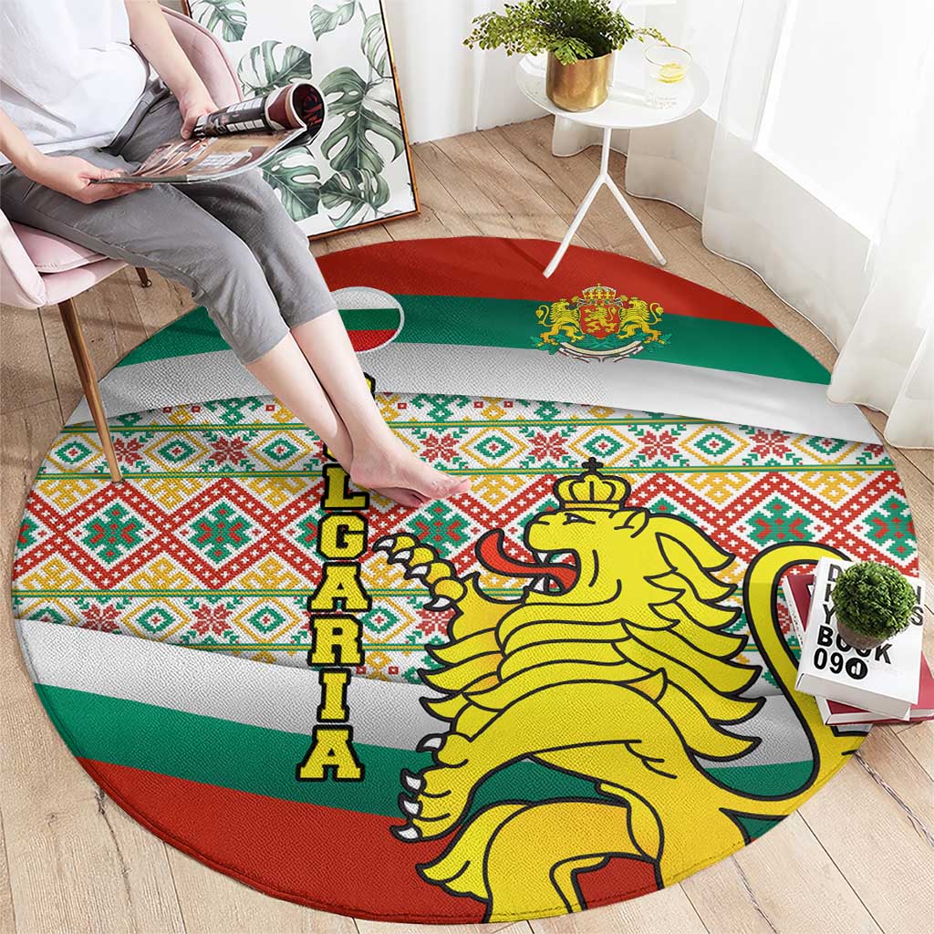 Bulgaria Lion Round Carpet Tricolor Flag, Folk Pattern and Proud Motto