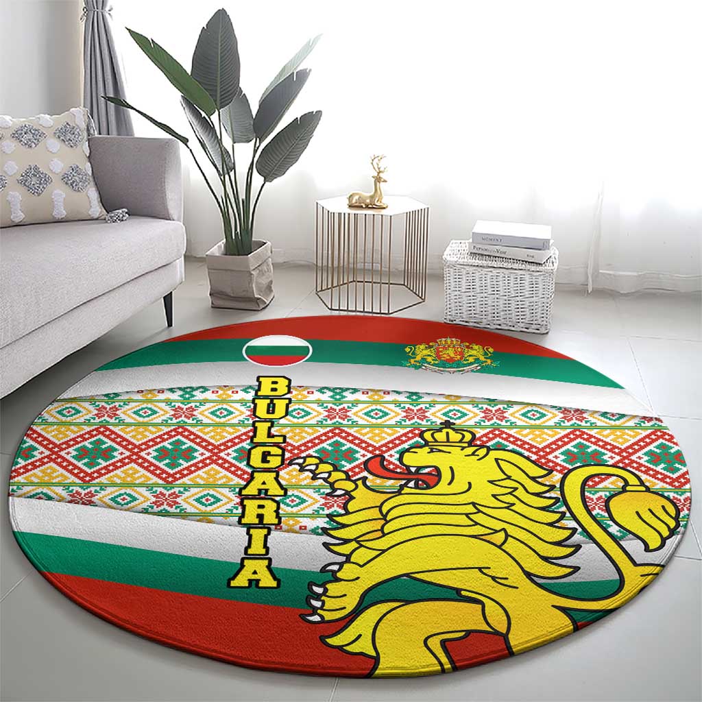 Bulgaria Lion Round Carpet Tricolor Flag, Folk Pattern and Proud Motto
