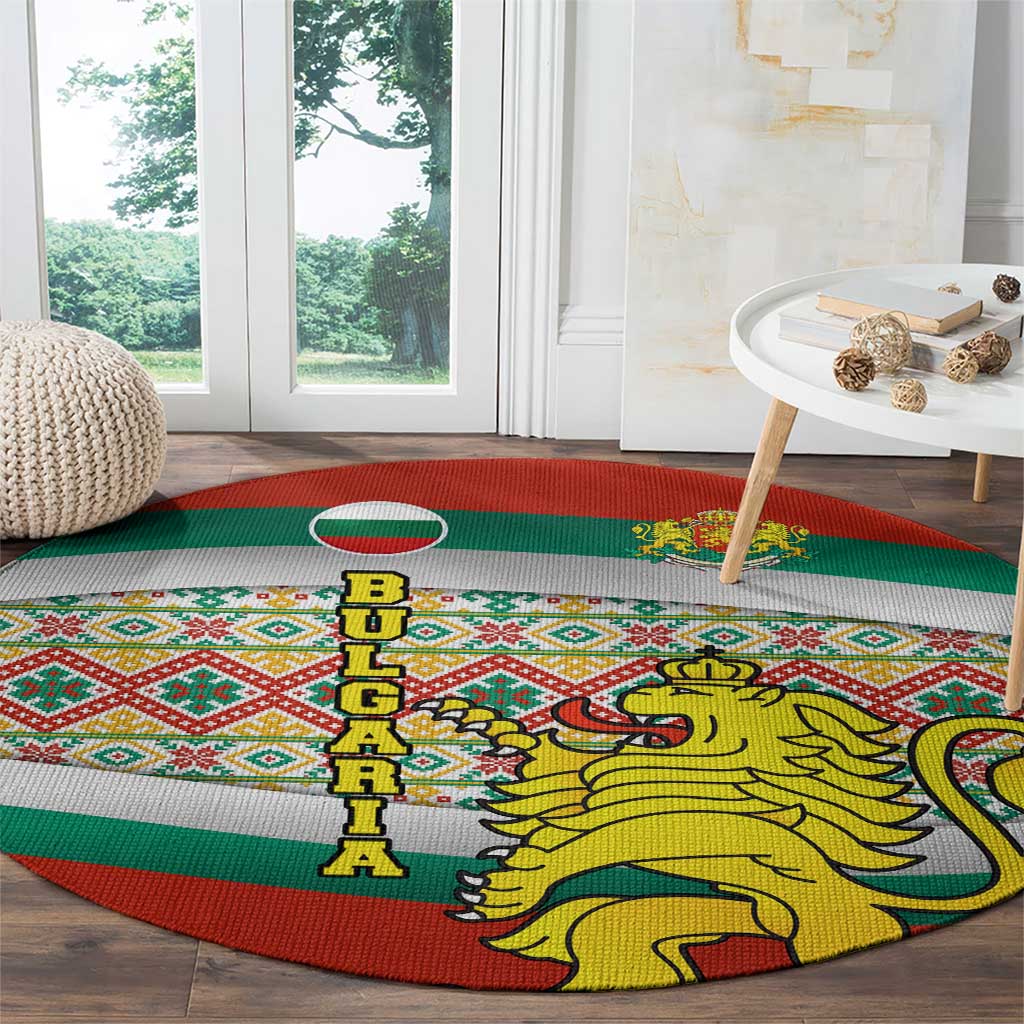 Bulgaria Lion Round Carpet Tricolor Flag, Folk Pattern and Proud Motto